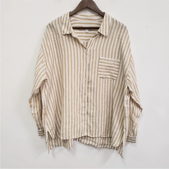J. Jill Love Linen Tan Stripe Shirt top Long Sleeve Relaxed Fit Coastal Grandma - Picture 2 of 9